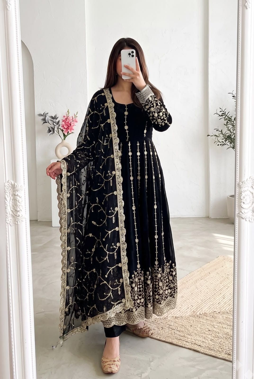 Midnight Black Gold Embroidered Anarkali Suit Set